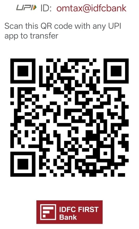 OM Tax Solutions UPI QR code with UPI ID and IDFC FIRST Bank branding